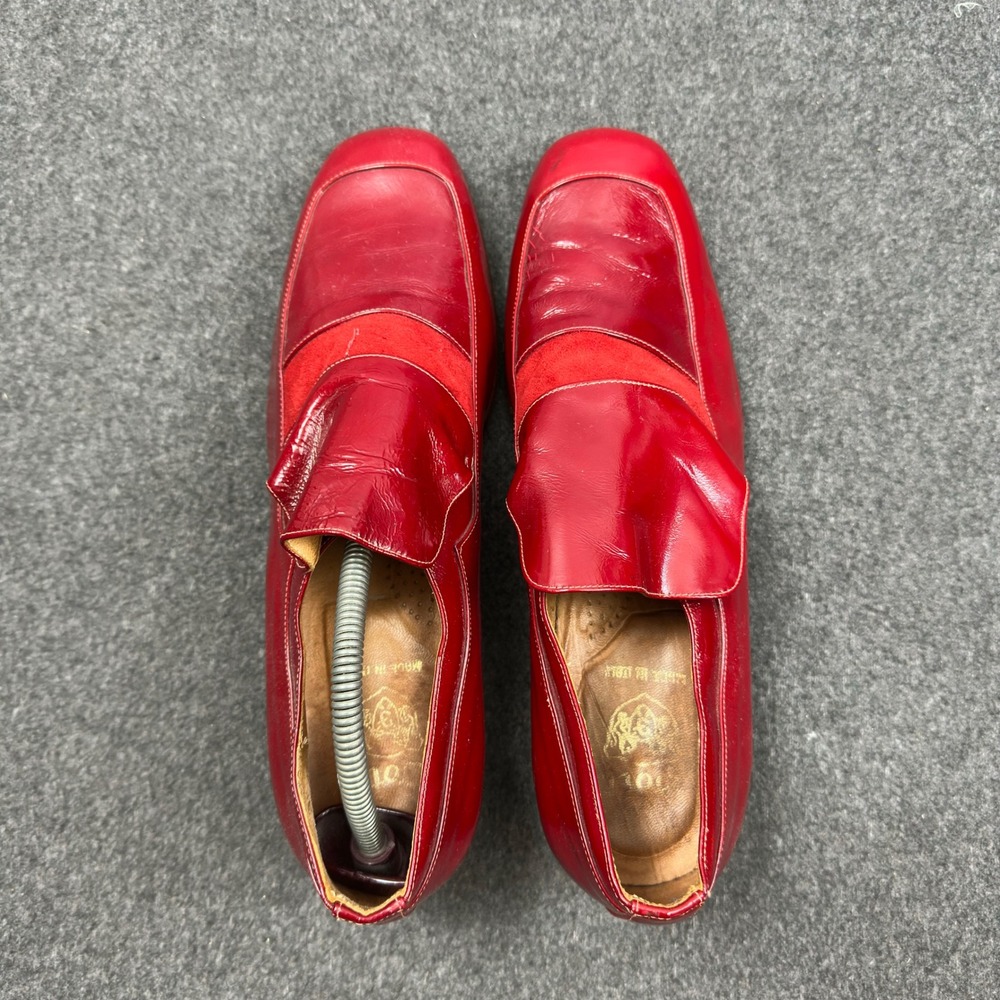 Vintage Made in Italy Red Patent Leather Suede Square Toe Loafers Mens 10 D